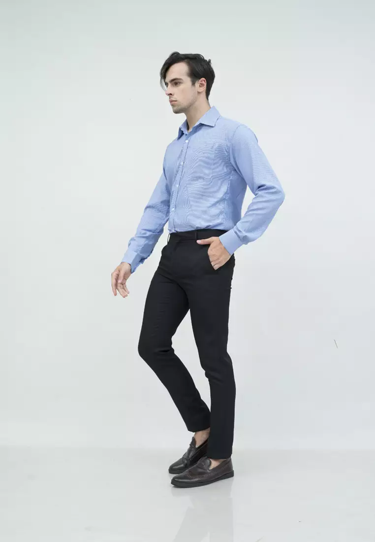 Kemeja slim fit lengan panjang pria kerja Biru Houndstooth houseofcuff