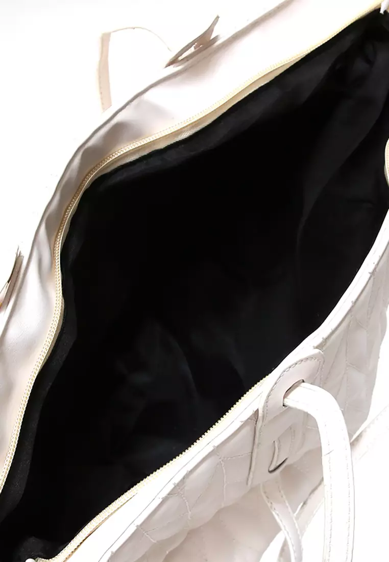 Laura Tas Kerja Wanita Tote Bag Motif Polos Large Compartment Material Leather ORIGINAL - White