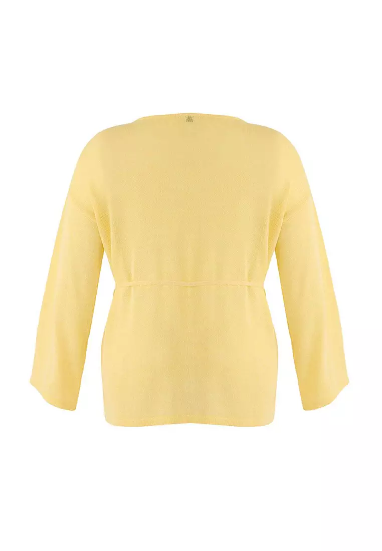 Yellow Boat Neck Waist Belted Slim Knitwear Sweater Tbbaw26An00036