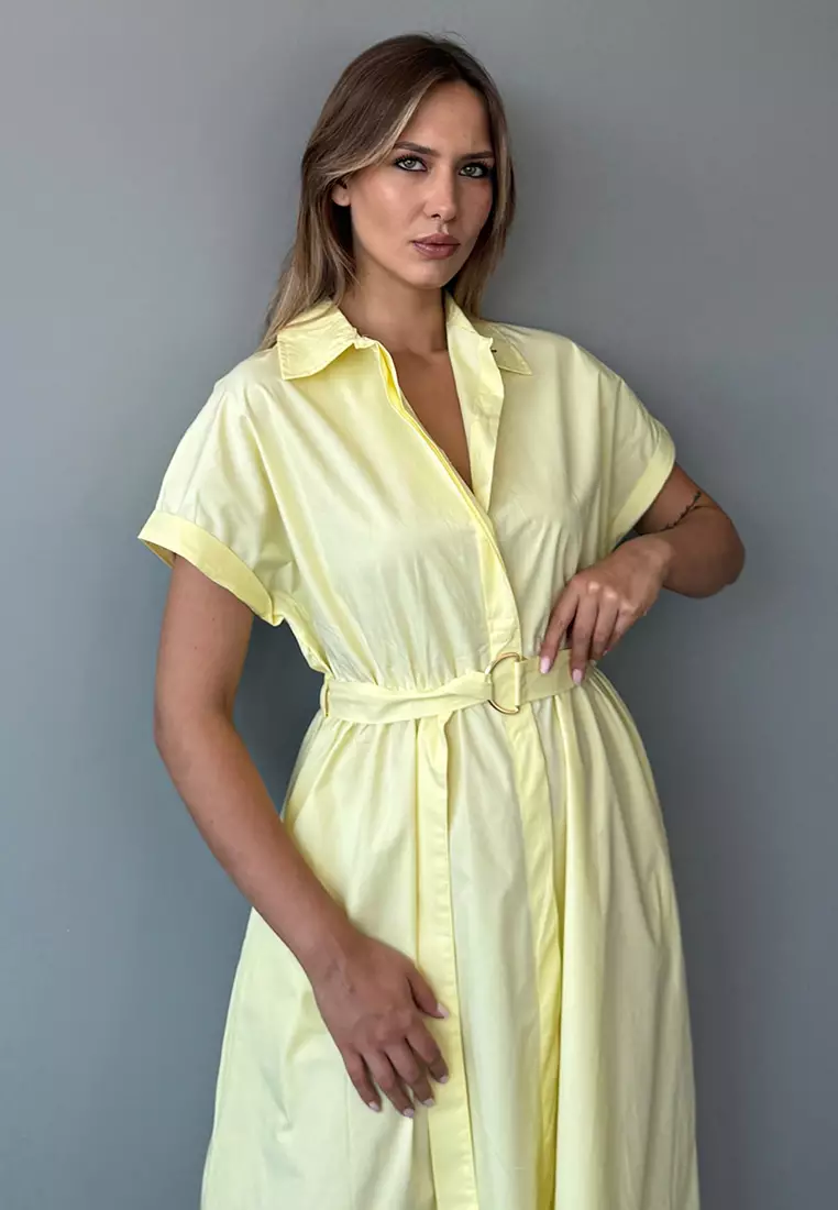 Light Yellow Belted Midi Poplin Woven Dress Twoss25El00921