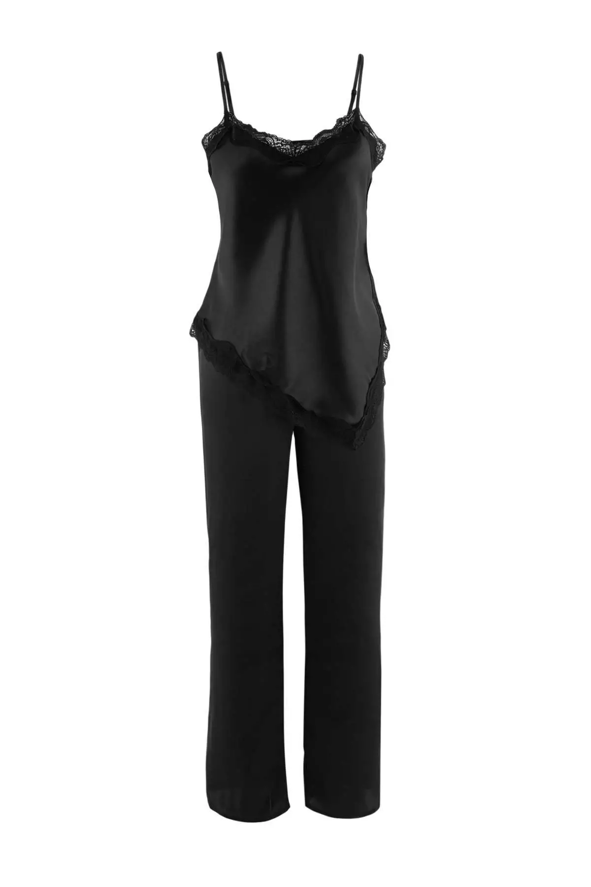 Black Lace Detailed Satin Woven Pajama Set