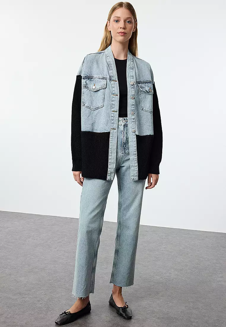 Oversized Denim Jacket with Knit Panel
