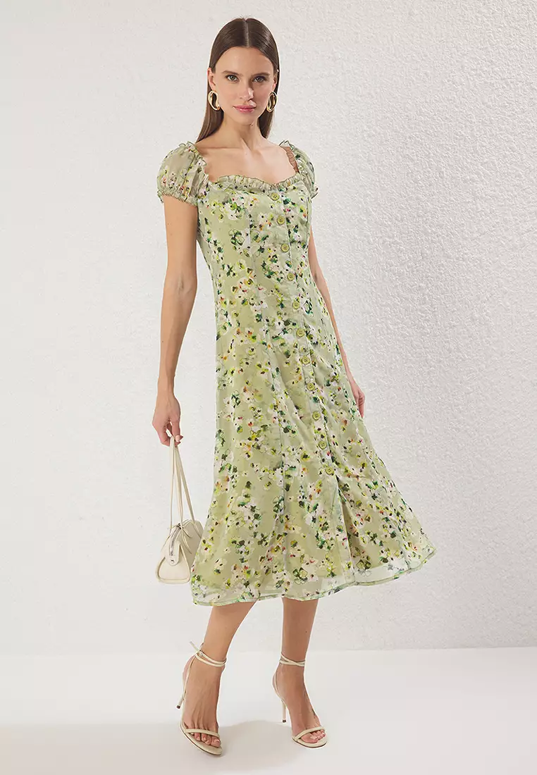 Light Green Floral Midi Lined Chiffon Woven Shirt Dress TWOSS25EL00563