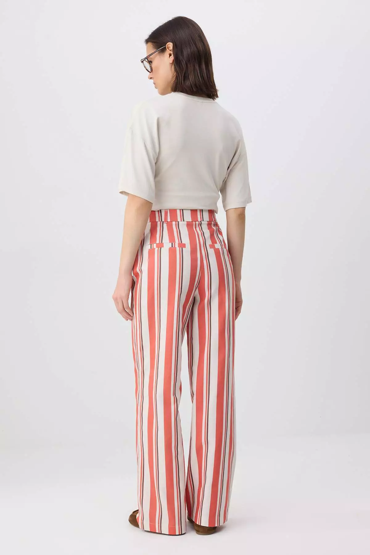 Red-Multicolored Gabardine Striped Patterned Wide Leg /Wide Leg Trousers Twoss26Pl85