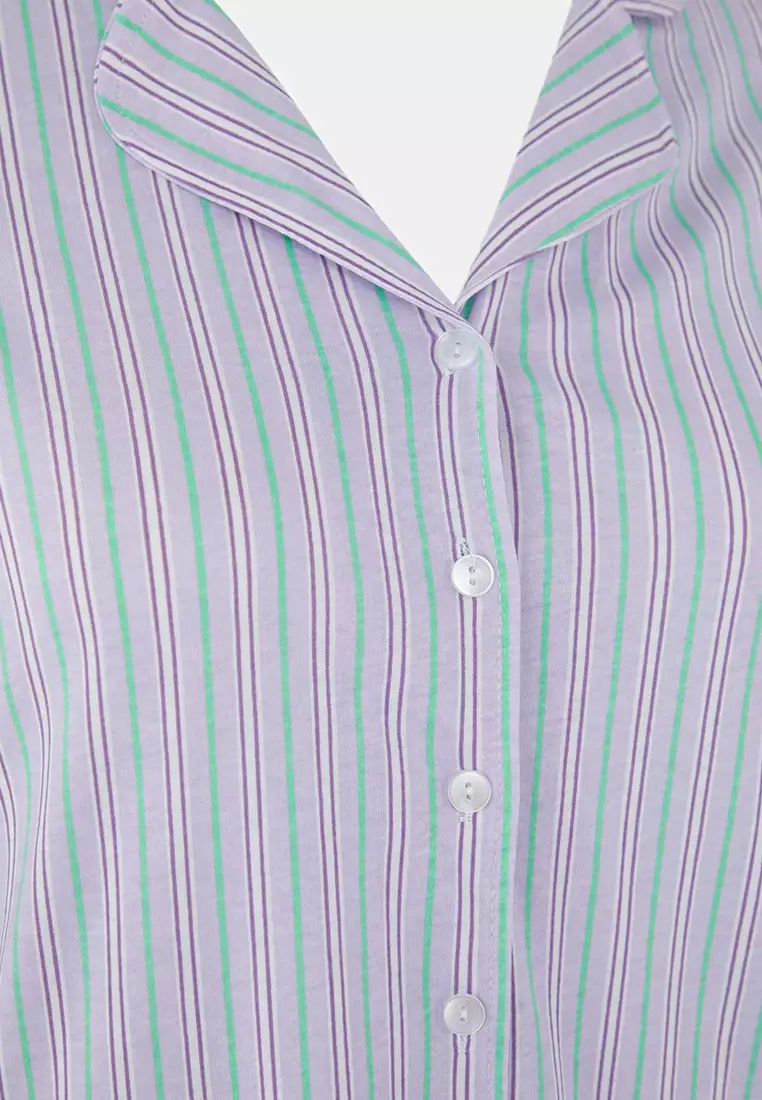Lilac 100% Cotton Striped Shirt-Pants Knitted Pajama Set Tbbaw26Ai00017