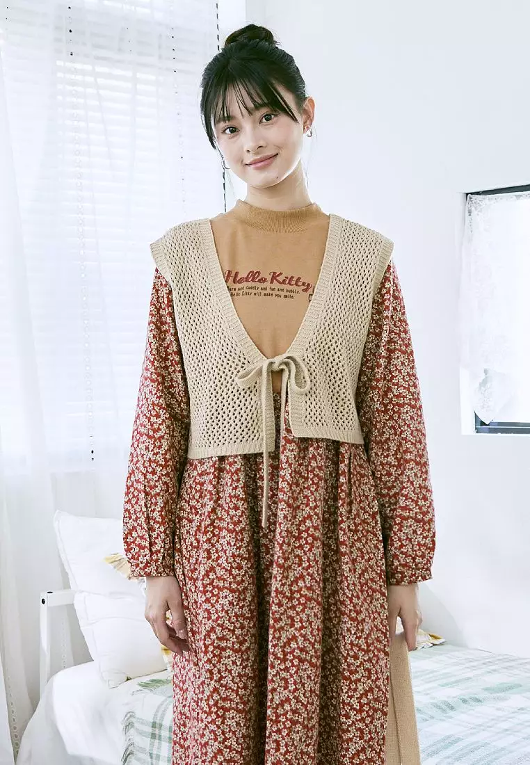 KITTY拿鐵咖啡系列．純棉小碎花假兩件背心洋裝《KB1413》