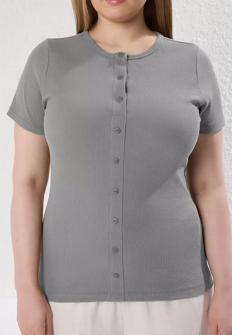 Grey Button Detail Fitted Corduroy Knitted Plus Size Blouse TBBSS25AF00060