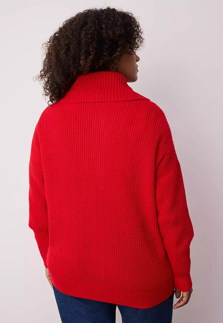 Red Turn-Down Collar Zipper Crop Knitwear Cardigan Tbbaw25Av00009