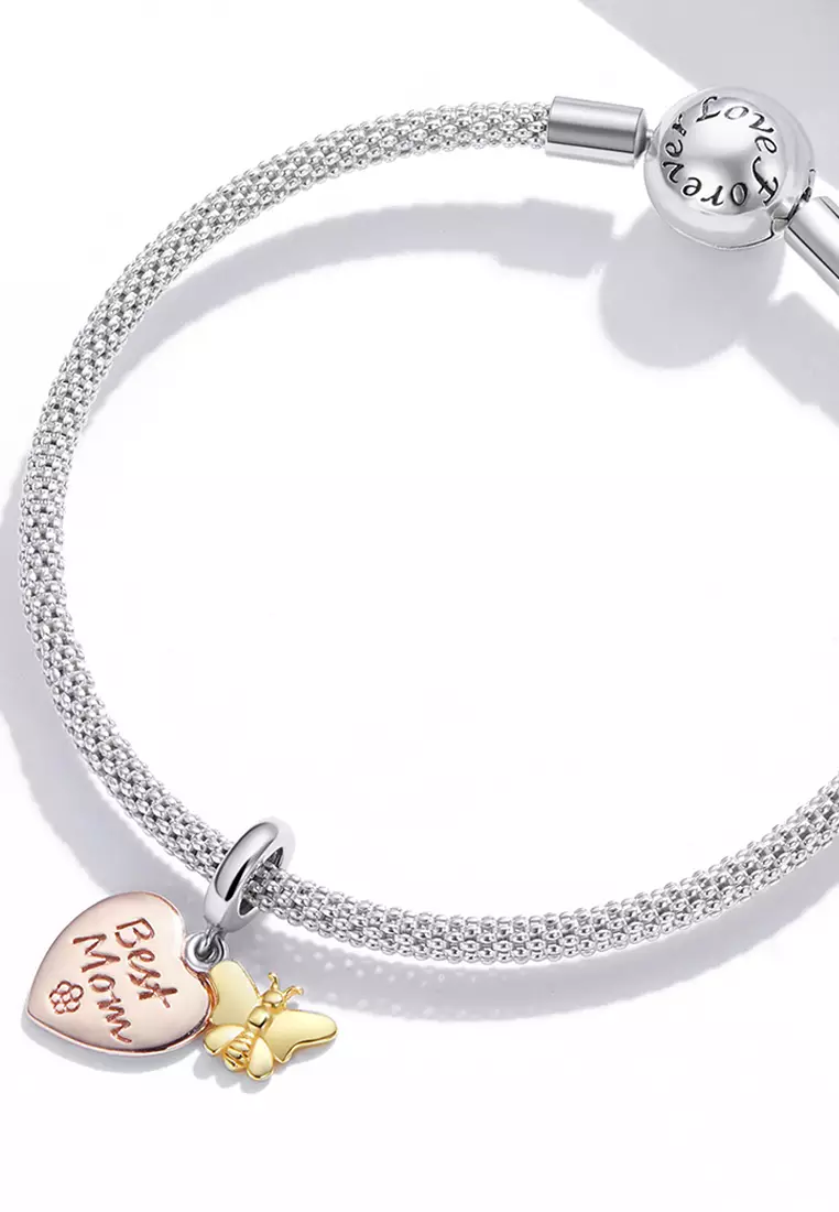 Solid 925 Sterling Silver Best Mom Heart and Butterfly Charm