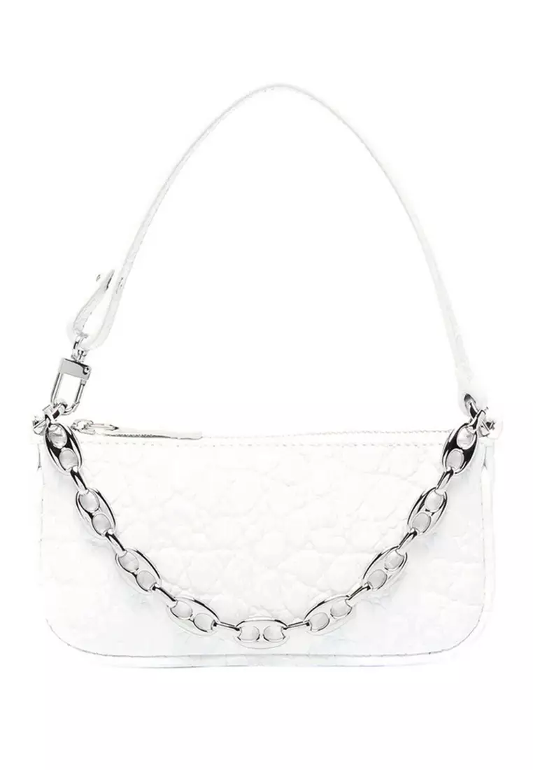 By Far Mini Rachel Circular Croco Embossed Leather Shoulder Bag in Optic White