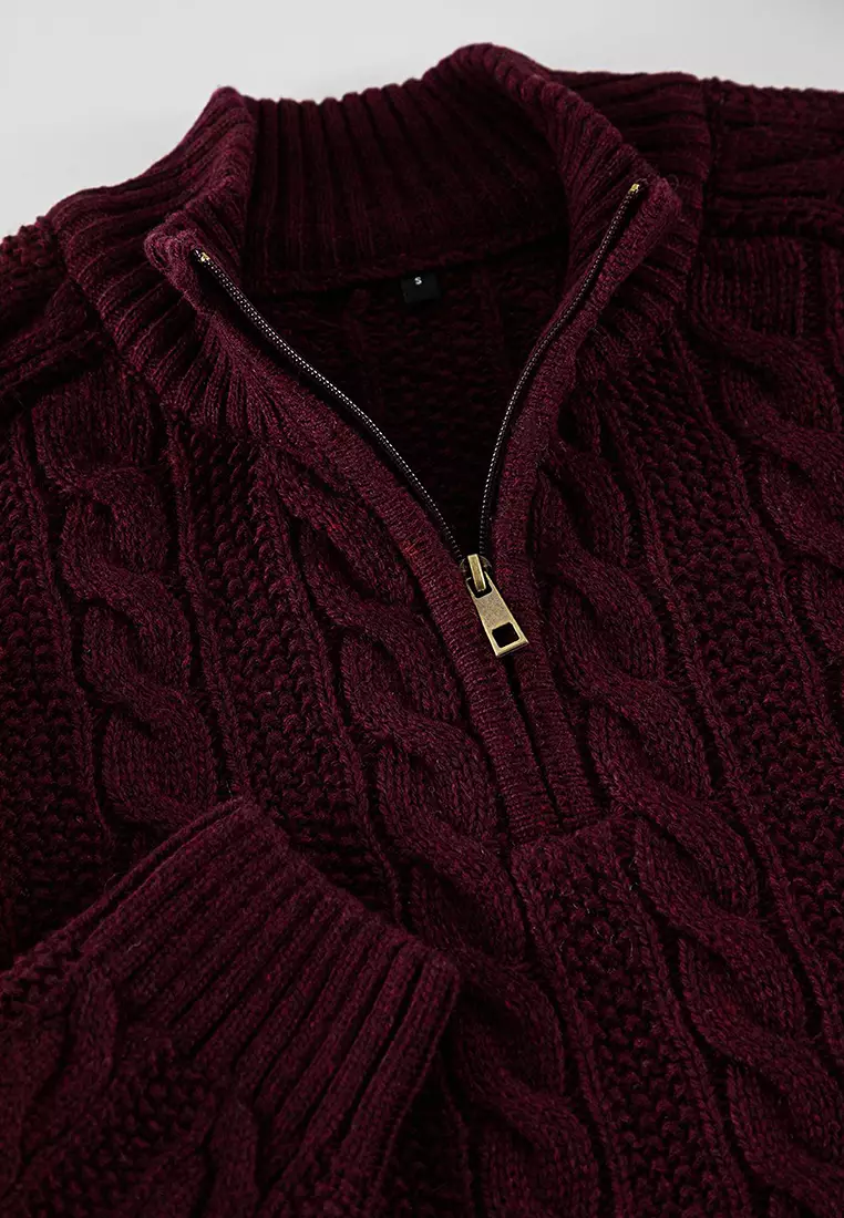 Claret Red Unisex Regular Fit Zippered Half Turtleneck Knit Sweater TMNAW21KZ0737