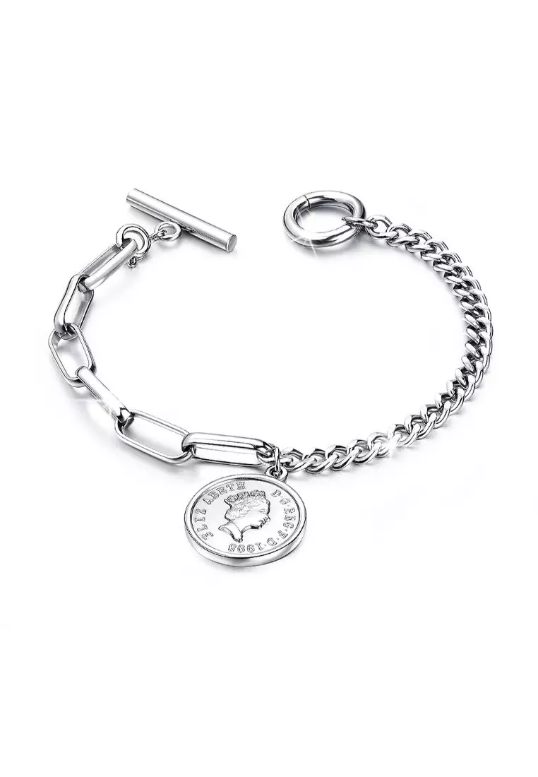 BULLION GOLD Lucky Coin Charm Toggle Clasp Bracelet in White Gold Layered Steel Jewellery