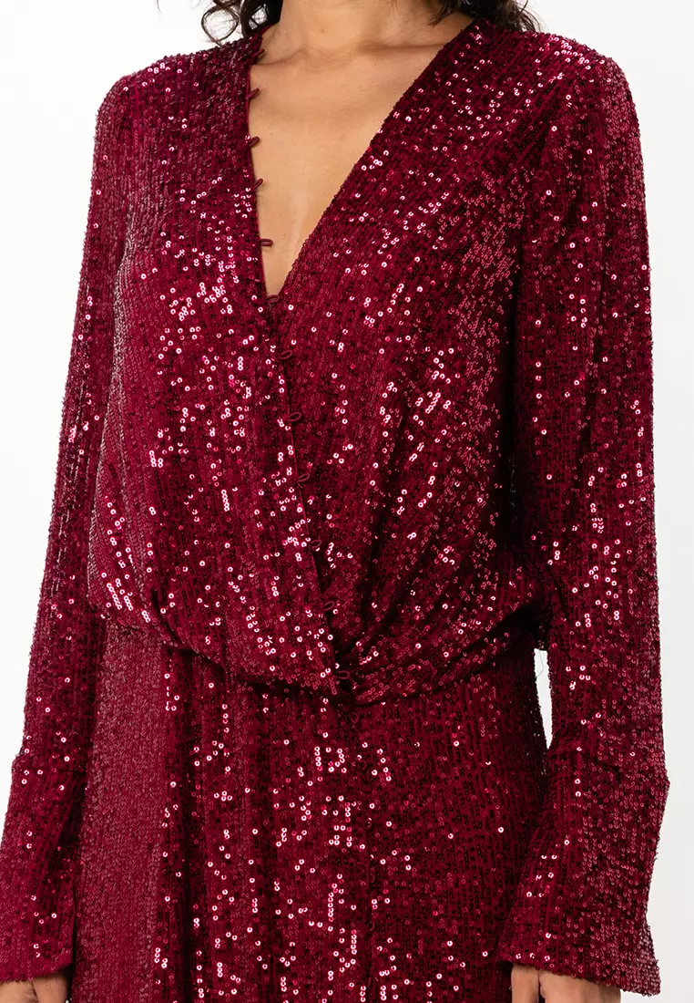 Embellished Drape Detail Midi Dress With Buttons