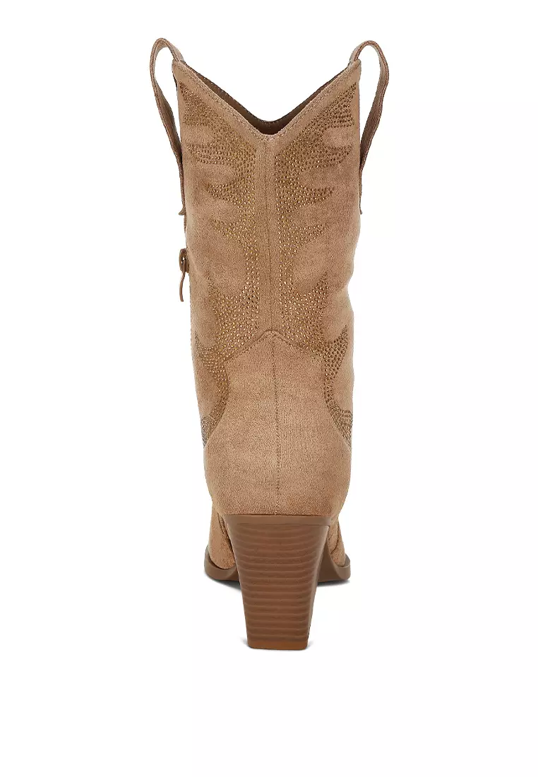 Rhinestones Embellished Calf Boots in Camel