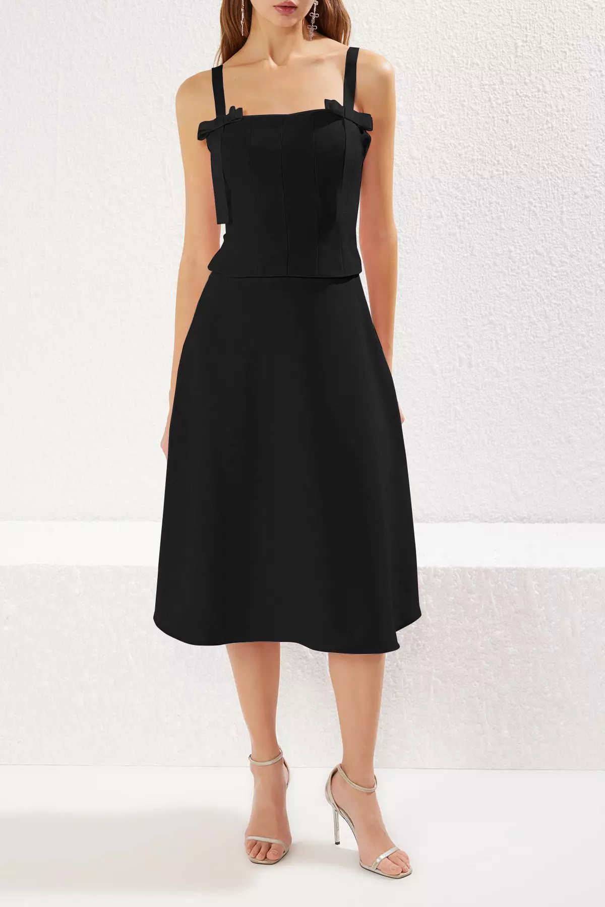 Black A-Line Bow Detailed Woven Chic Midi Evening Night Graduation Dress TPRSS25EL00079