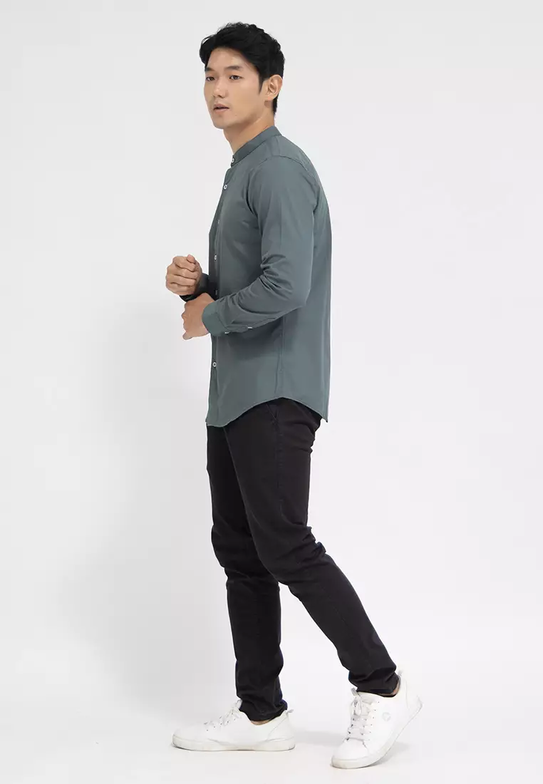 Kemeja tangan panjang Collarless koko cotton oxcon green