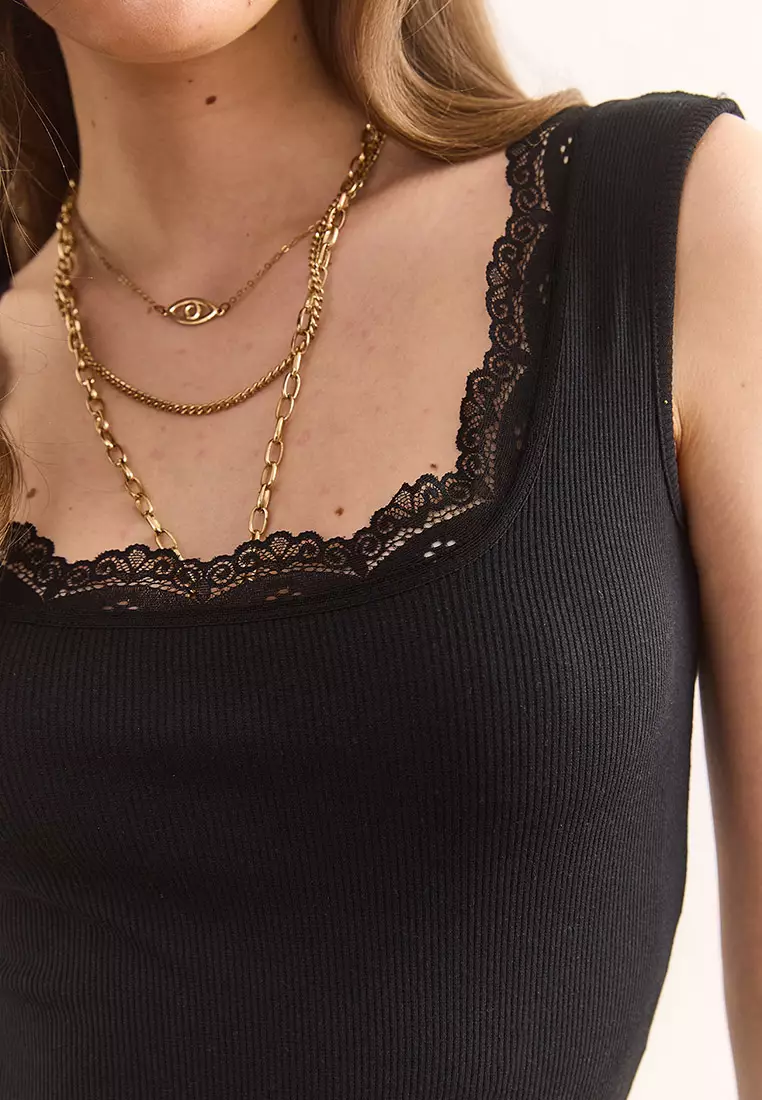 Women's Black U Neck Lace Detail Flexible Cotton Blouse Blz-19002955