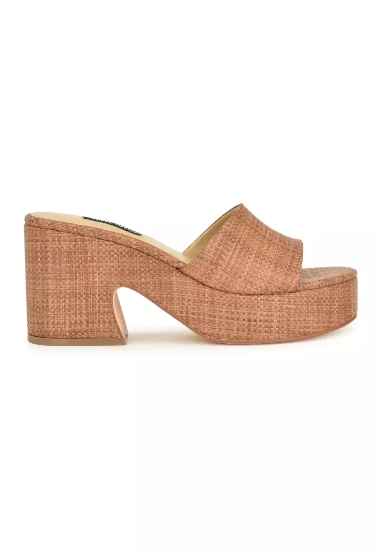 Nine West Boone Slip on Round Toe Wedge Sandals Dark Brown