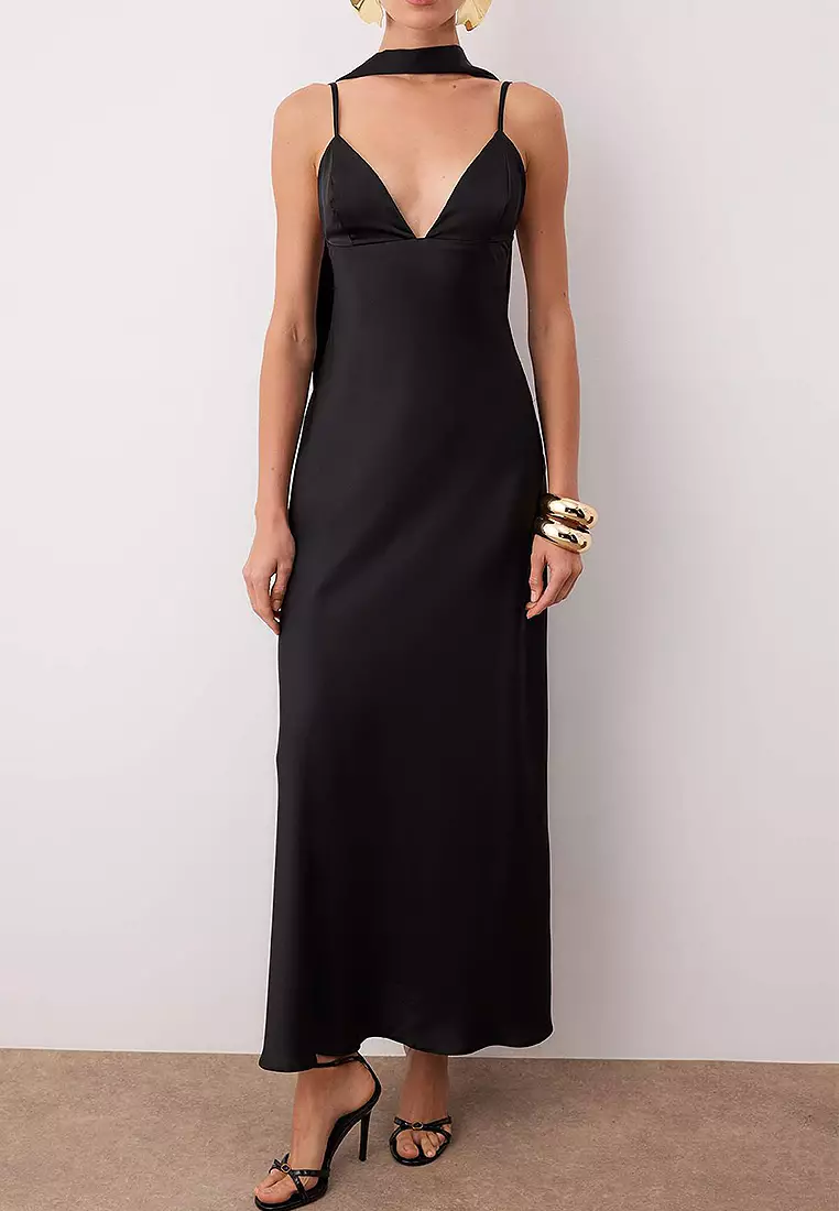 Shawl Detailed Satin Maxi Evening Dress