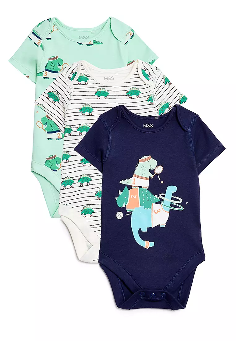 Jual Marks & Spencer 3pk Pure Cotton Dinosaur Bodysuits Original 2024
