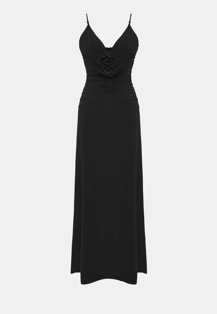 Black Rose Detailed Knitted Maxi Elegant Evening Night Graduation Dress