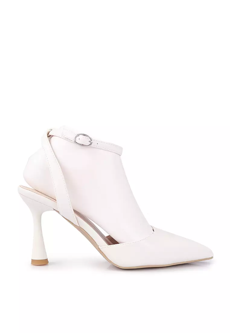 White pointed toe clearance heels with ankle strap