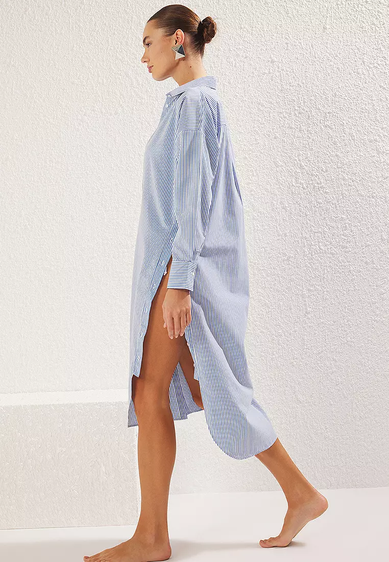 間條印花梭織沙灘連身中長裙