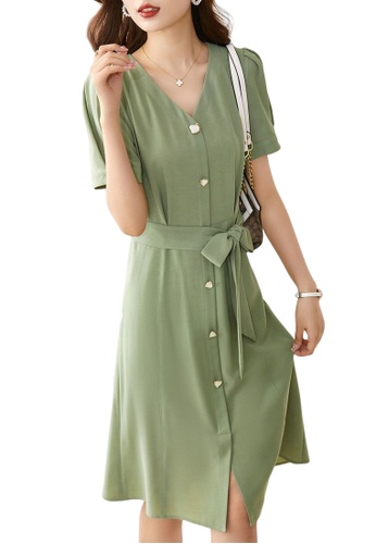 OUNIXUE green Temperament Solid Color V-Neck Dress CA07CAAF1CAA6AGS_1