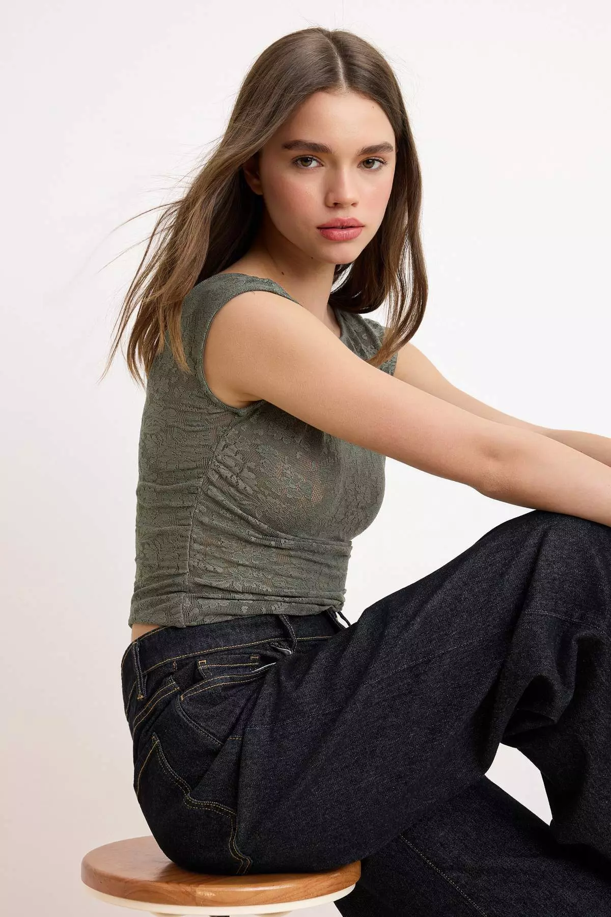 Buy Trendyol Khaki Printed Fitted Boat Neck Gathered Crop/Short