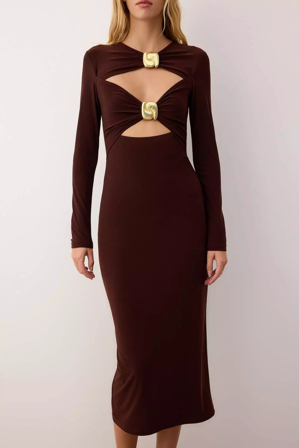 Brown Plain Accessory Detailed Knitted Sandy Midi Unlined Cocktail Dress