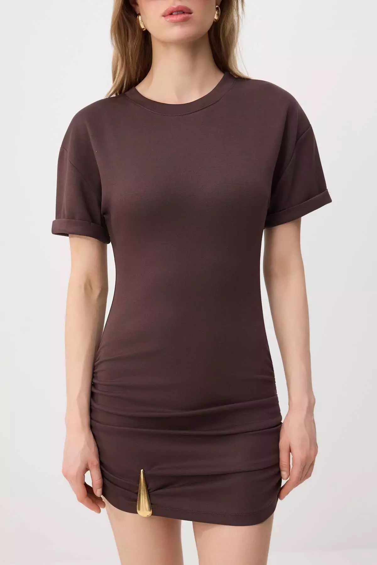 Brown Bodycon Short Sleeve Accessory Detailed Mini Soft Touch Knitted Dress Twoss26El00561