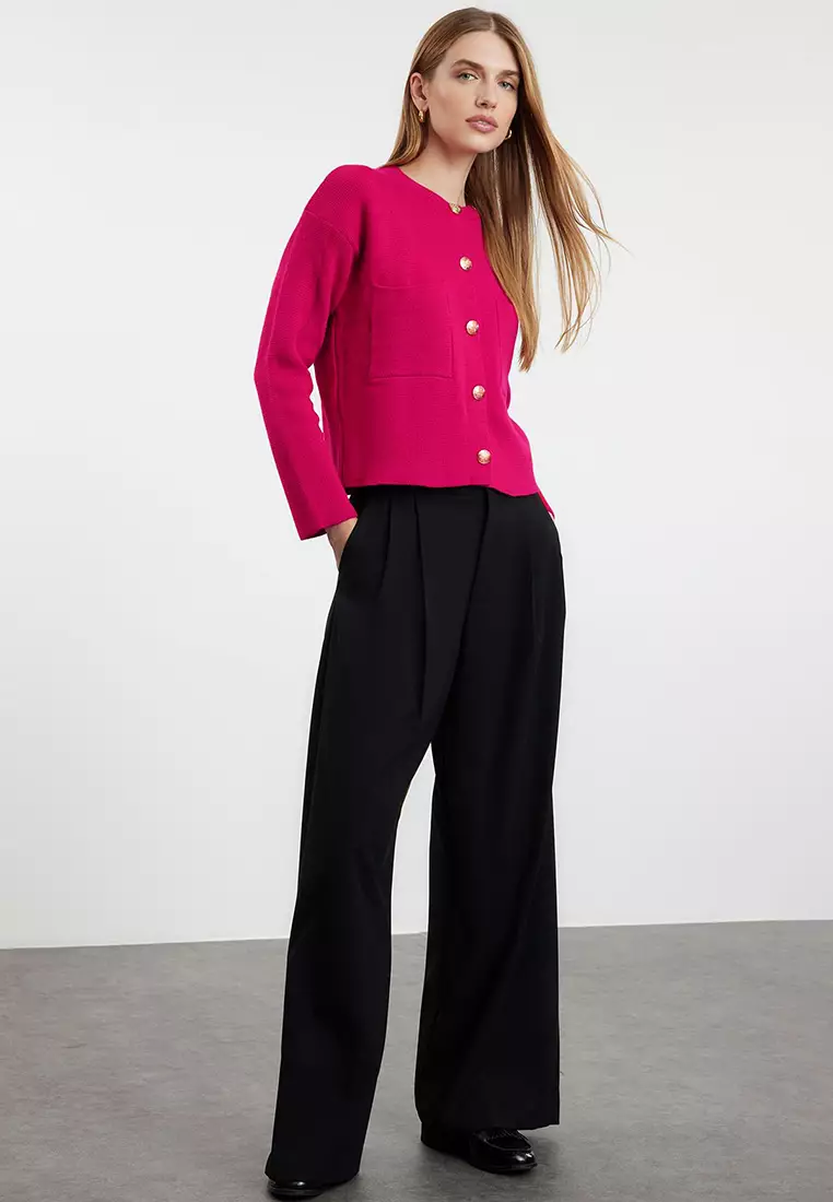 Fuchsia Button Detailed Jacket-Look Knitwear Cardigan Twoaw24Hi00023
