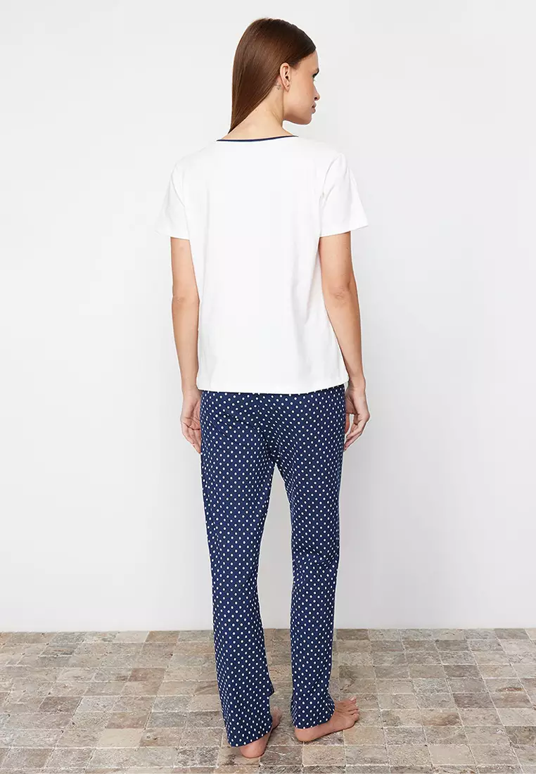 White-Multi Color Cotton Polka Dot Knitted Pajamas Set THMSS24PT00323