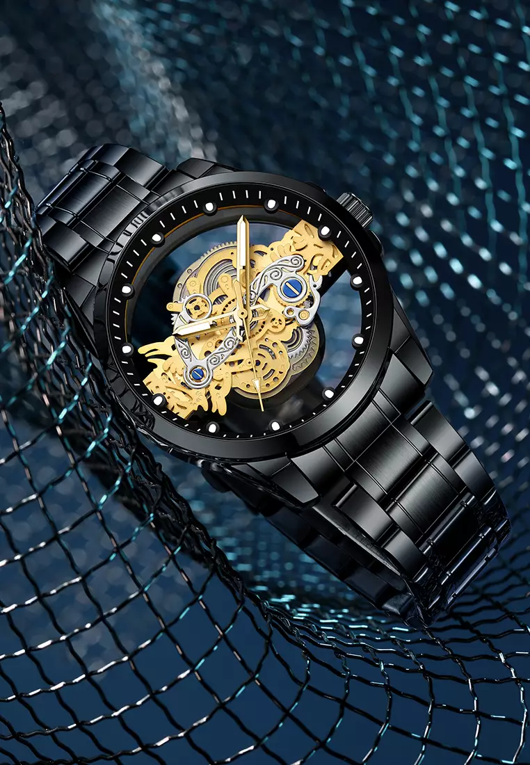 Jam Tangan Pria HD Luminous Function Hollow Dial Tali Stainless Steel Anti Air Jam Tangan Cowok black