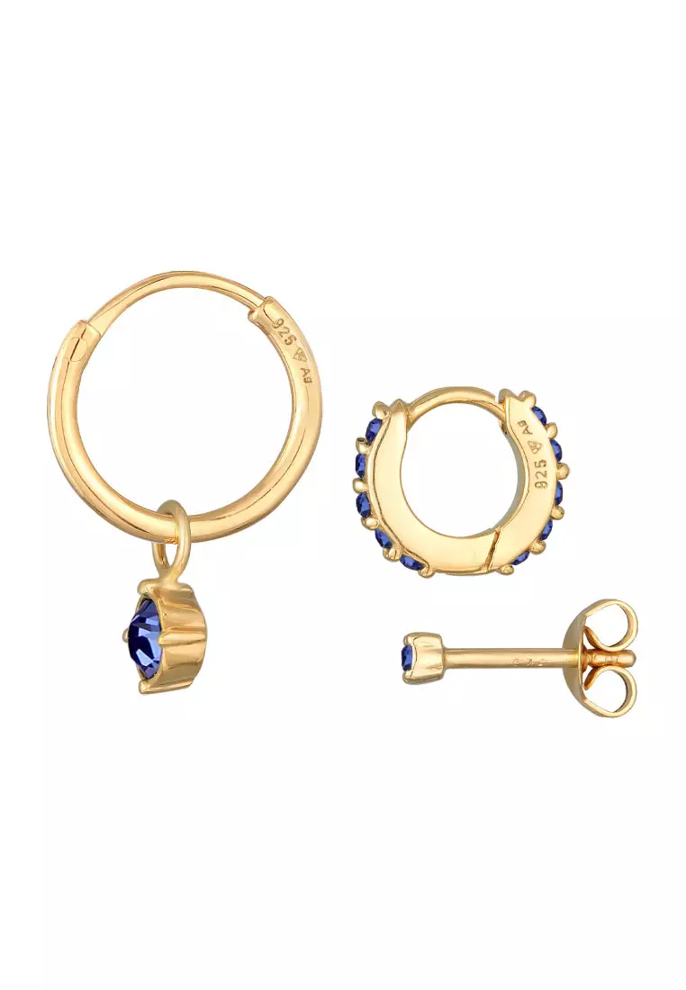 Anting Perhiasan Perak 925 Wanita Set Creoles Stud Blue Gold Plated Embellished with Crystal by Swarovski®