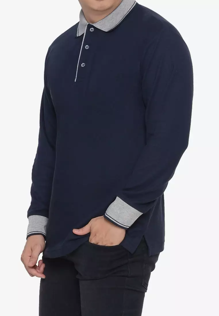 Andre Michel Kaos Polo Shirt Lengan Panjang Kerah Abu Navy Tua 933-86