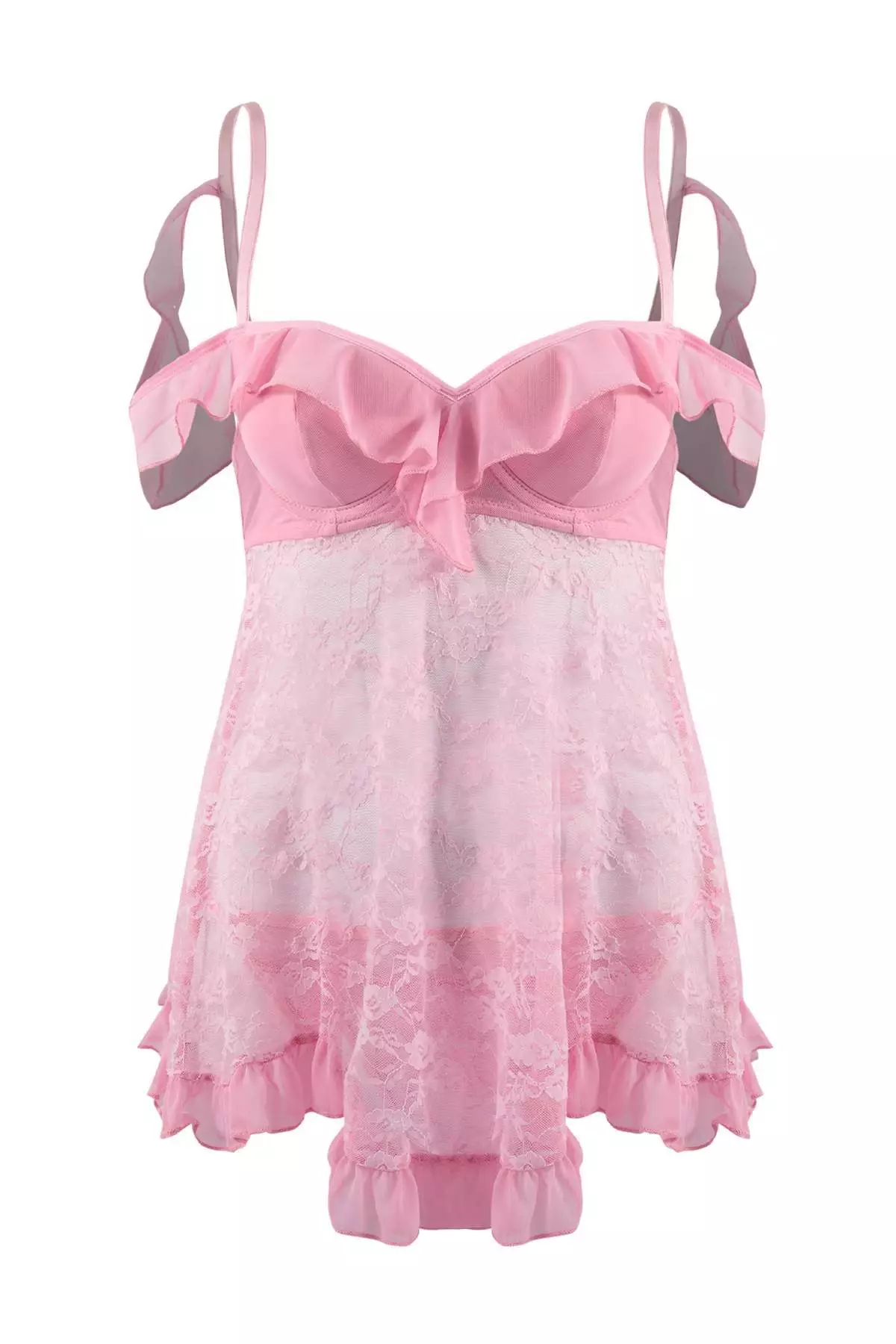 Pink Tulle Sleeve Detailed Babydoll/Fantasy Nightgown Thmss26Ll4