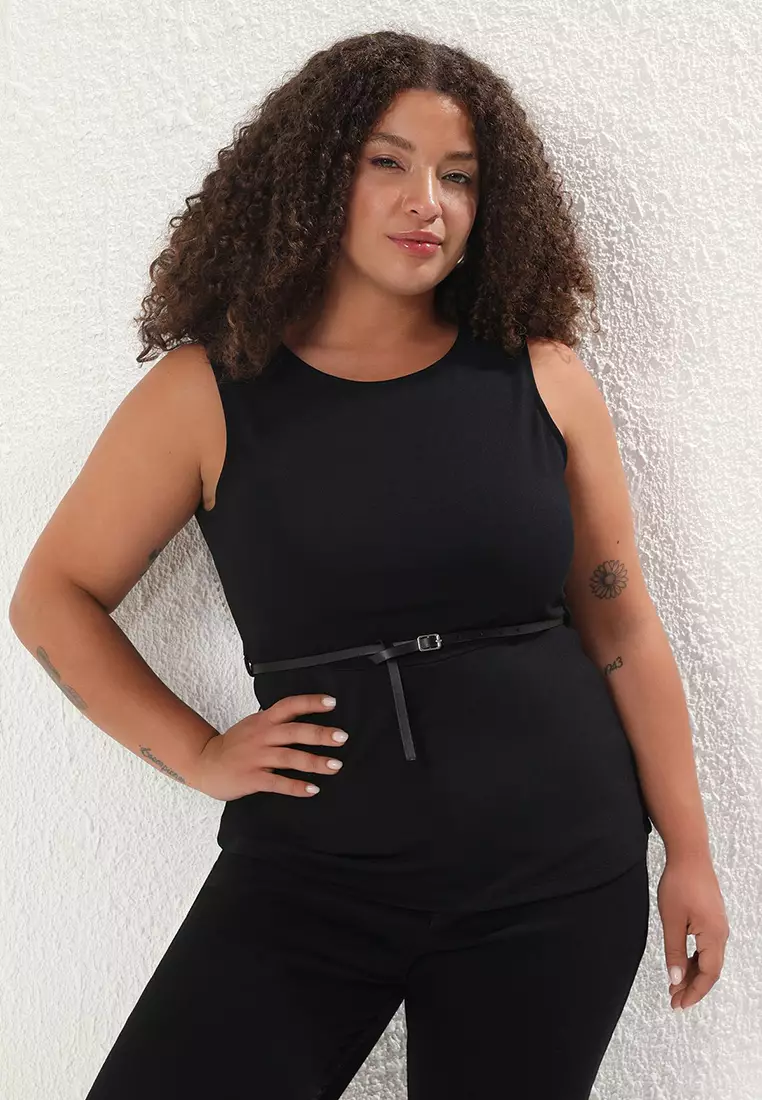 Black Waist Belted Sleeveless Plus Size Blouse TBBSS25AF00109
