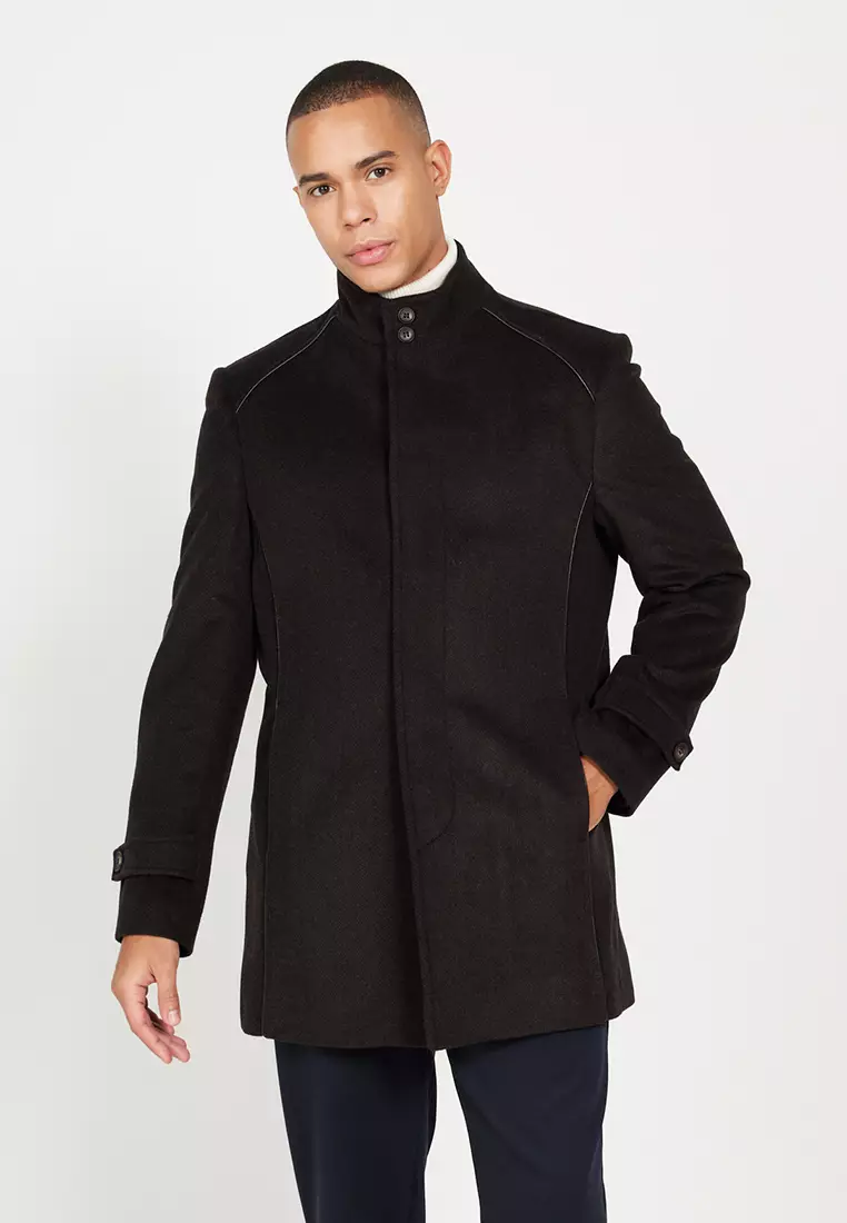 Men's Brown Standard Fit Regular Cut Stand Collar Patterned Woolen Coat