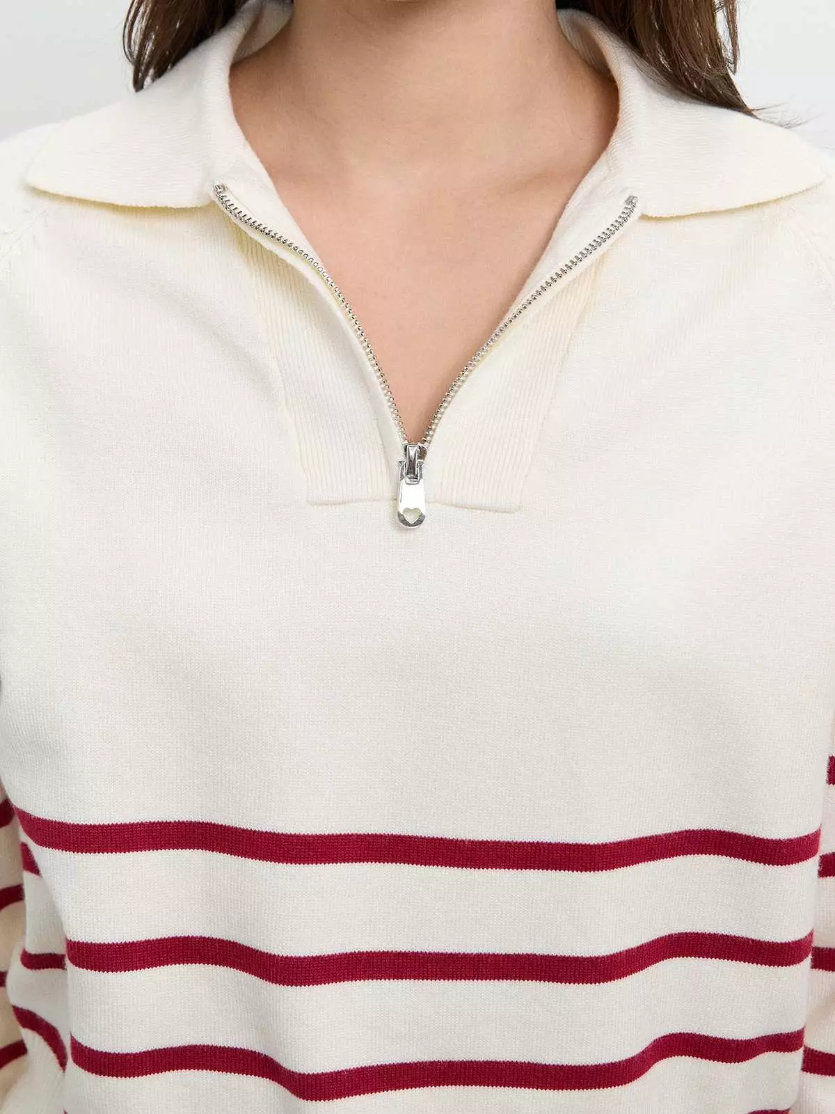 Pomelo - Sweater Wanita - Half-Zip Striped Knit Polo Sweater - Ivory