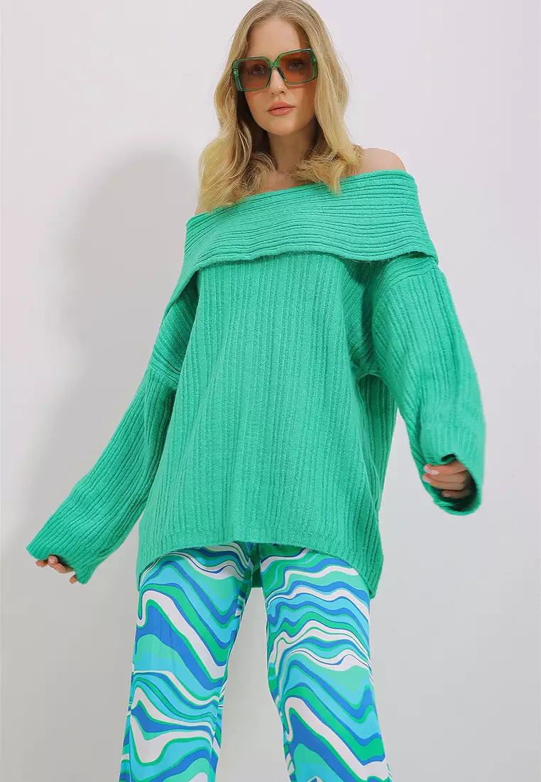 Buy Alacati Women's Green Madonna Collar Ribbed Oversize Sweater Alc ...