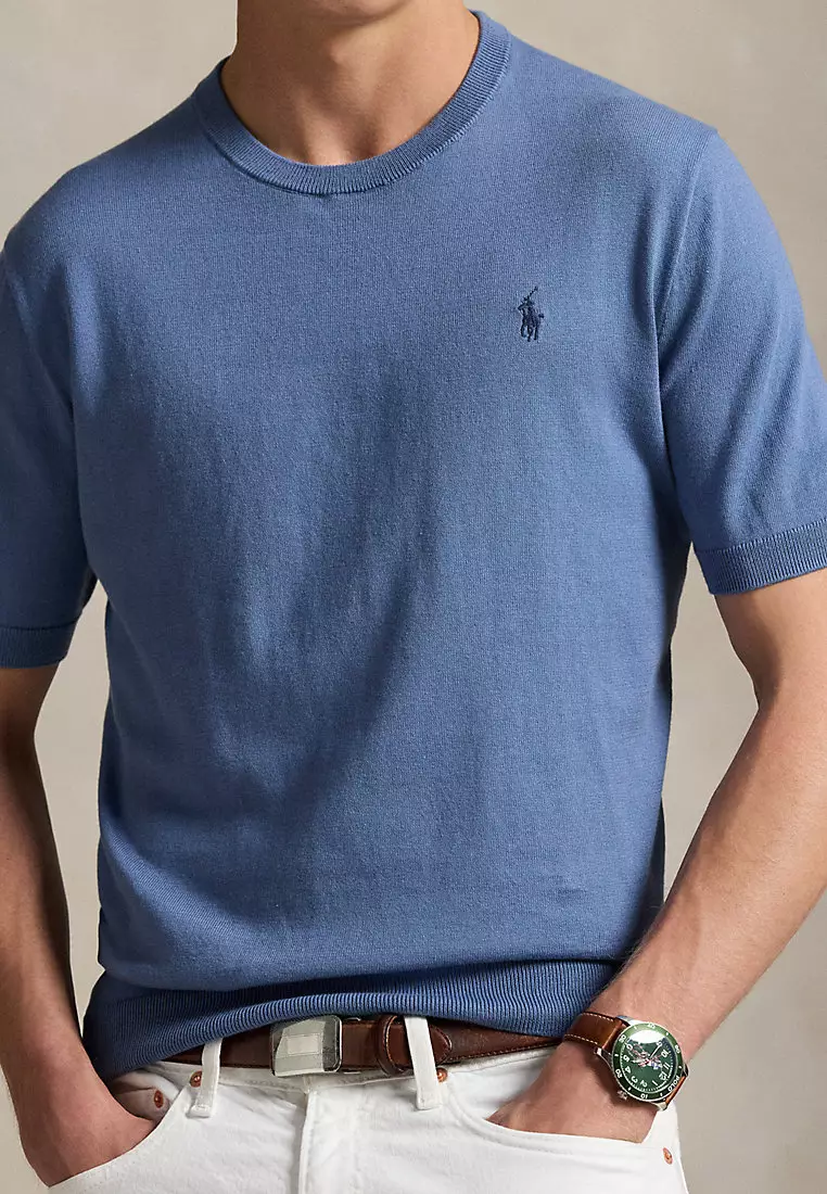 Cotton Crewneck Short-Sleeve Sweater