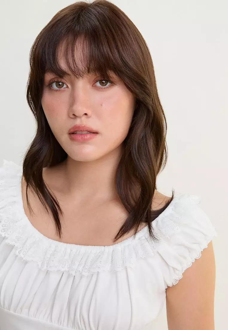 Ruffle Trim Wide Neck Top - White