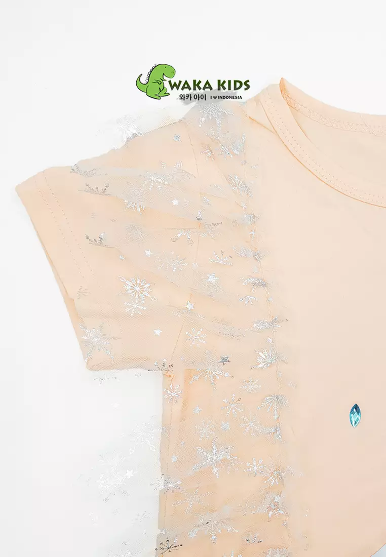 Wakakids Dress Anak Perempuan Lengan Pendek Rumbai Daster Karakter Motif Elsa Frozen 4490 Venrz Pink Peach