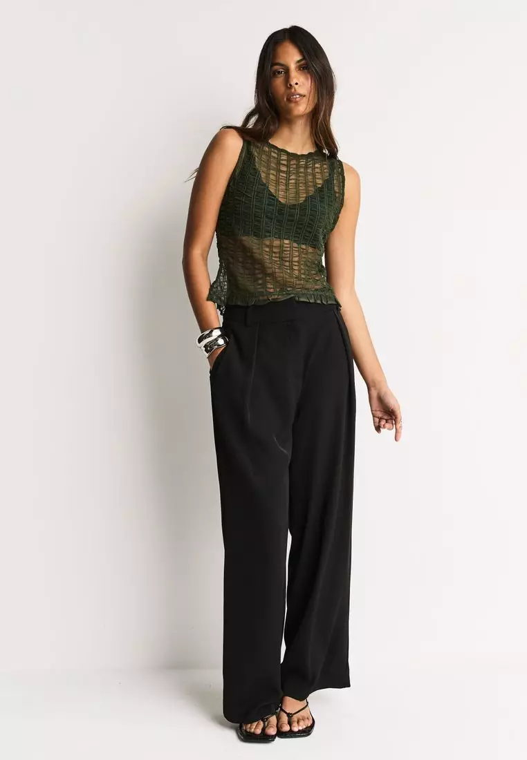Shirred Mesh Sleeveless Crew Neck Top