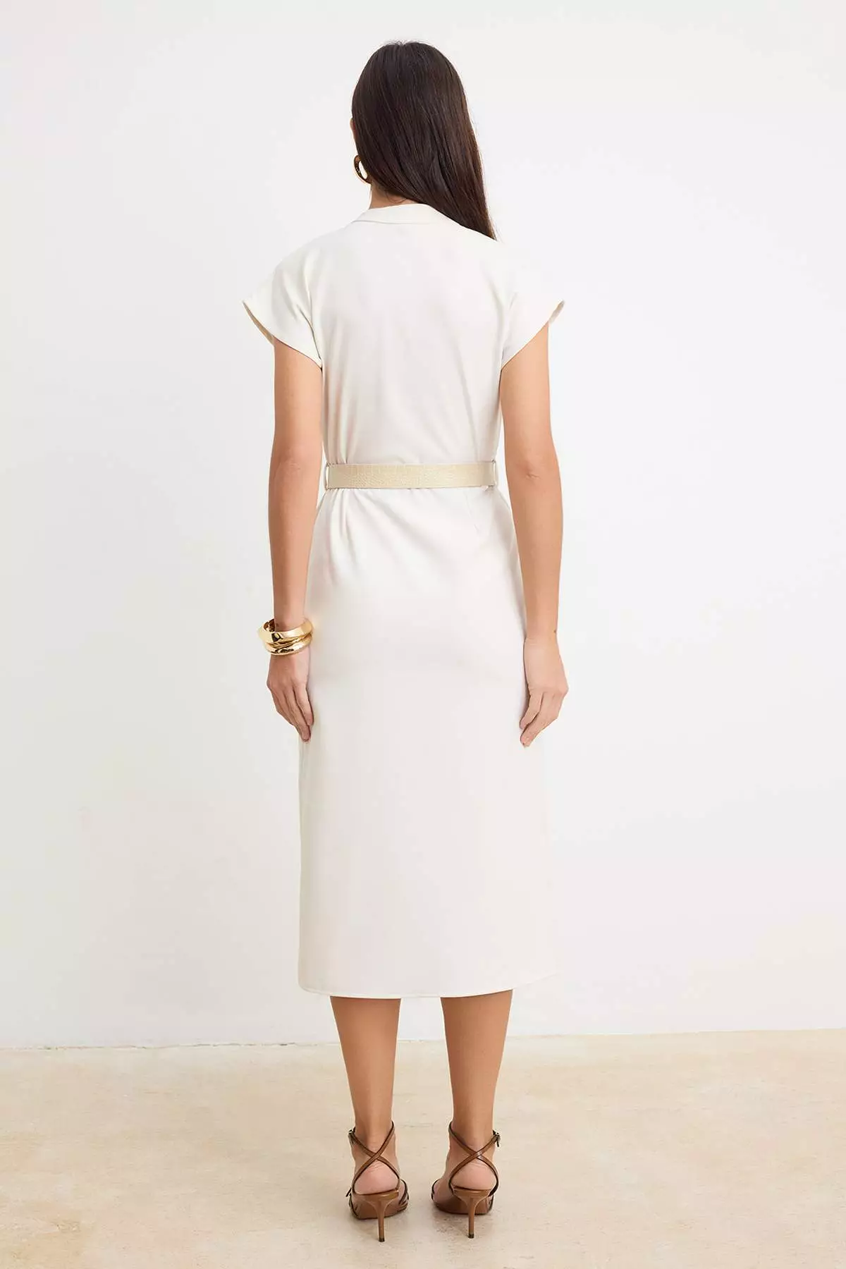 Ecru Belt Piece Plain Buttoned Midi Woven Dress Twoss26El121