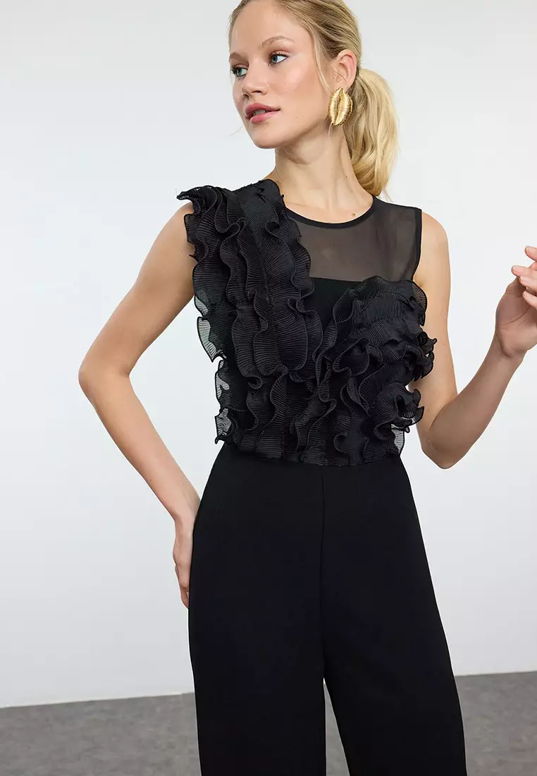 Black Tulle Detailed Woven Jumpsuit TPRAW25TU00000