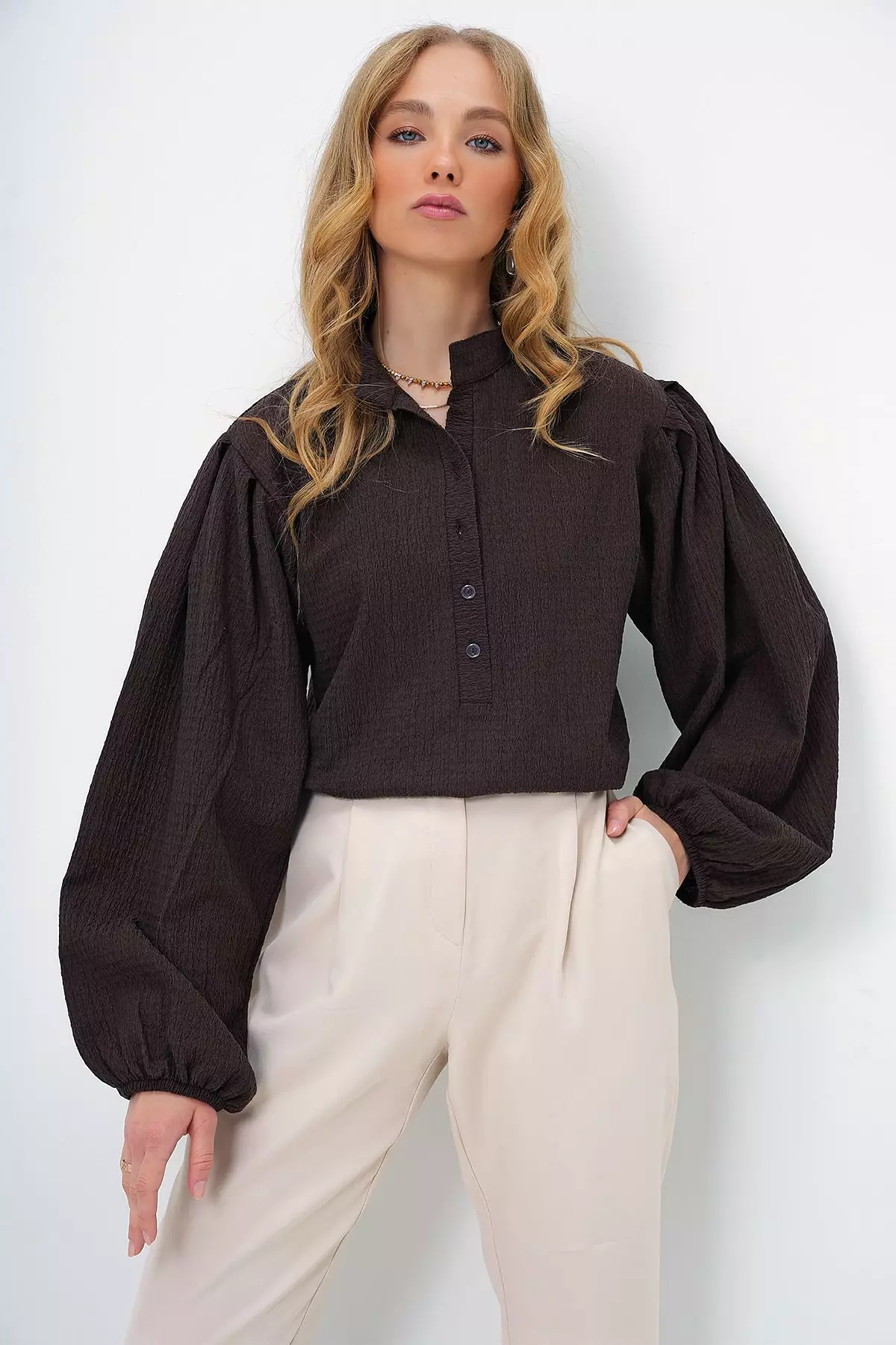 Women's Brown Judge Collar Button Front Balloon Sleeve Textured Wrap Shirt Blouse