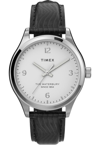 Timex black and white Timex Waterbury Traditional 34mm Leather Strap Watch - Silver/Black  (TW2U97700) CD1EEAC0C3C78BGS_1