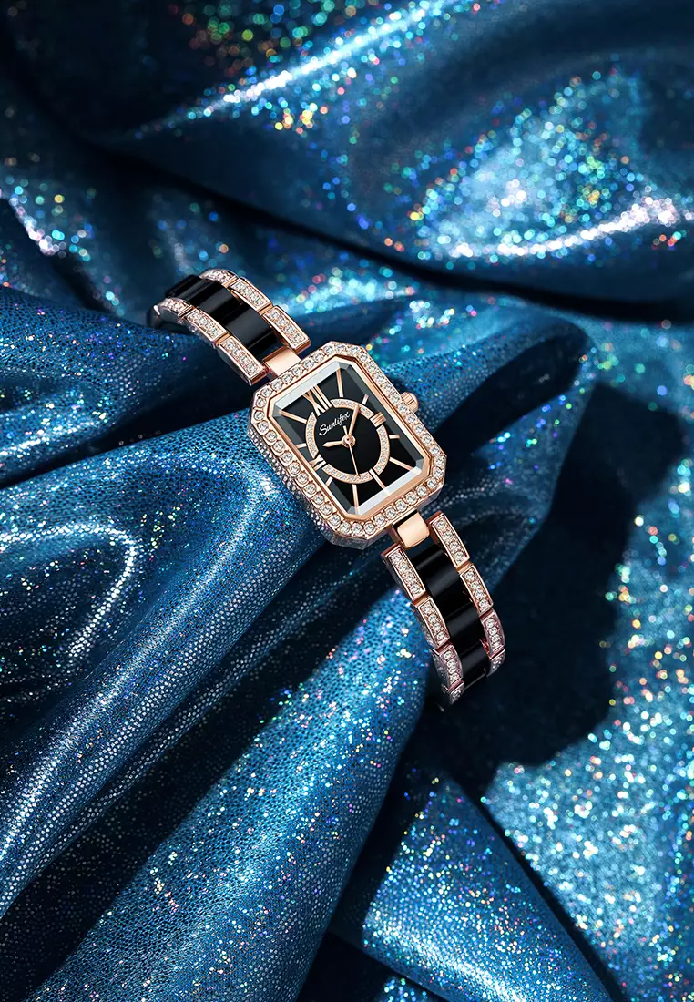Jam Tangan Wanita Original Korea Kuasar Berlian Square Tali Stainless Steel Anti Air Jam Tangan Cewek black